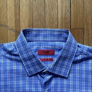Luxe HUGO BOSS 16-34/35 Blue/White Checkered Dress Shirt,100% Cotton,MINT
